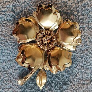 Vintage 1960s Flower Brooch Pin Satin & Glossy Goldtone Metal
